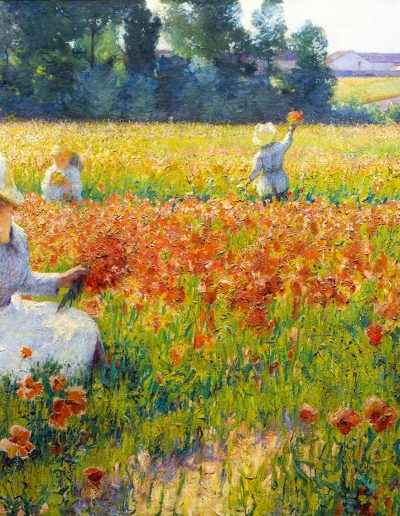 Several women in white dresses sit in different parts of a large field of red poppies, collecting bouquets.