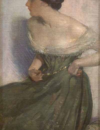 A brown haired woman in an off the shoulder green dress with a purple flower in her hair turns to the left side of the painting.