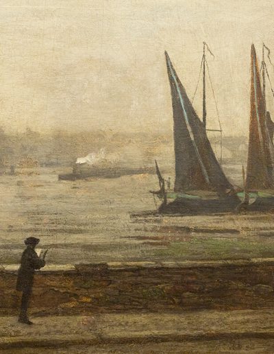 A foggy river showing an obscured city skyline in the background, several sailboats on the water in the center, and a man standing on a bridge drawing in the foreground.