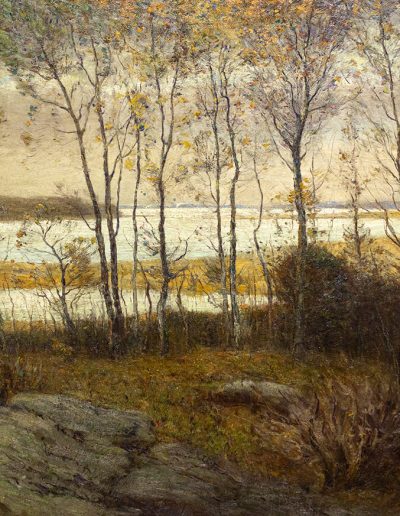 A small grove of thin trees in the foreground obscures the view of a wide open silver white river in the background and the plain running alongside it.