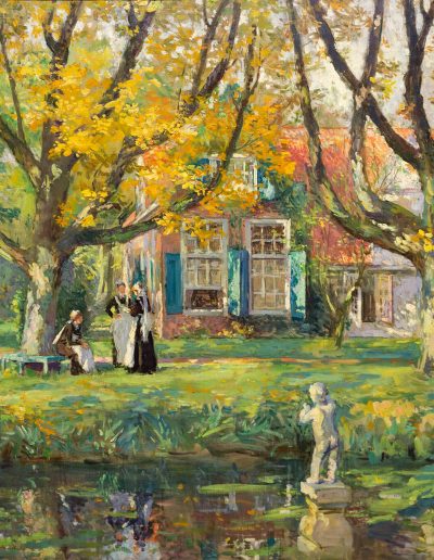 A house in front of a pond. There is a cherub statue in the pond and 3 maids are relaxing underneath a tree.
