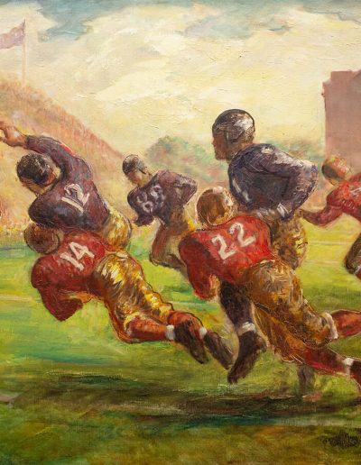 Painting of multiple football players colliding while one person is being tackled in mid air. The players are running along a green football field with a referee in the far left corner and a stadium in the background.