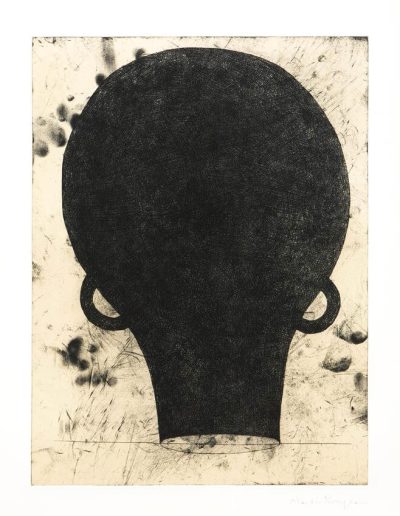 A charcoal etching of a upside down water jug with a papyrus paper like background