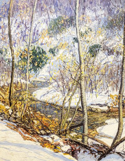A snowy path leading off on the left side of the painting lined by skinny trees; on the right side of the painting there is a river and snow in the distance. The trees are sparsely adorned with yellow leaves. Orange and brown leaves collect in damp piles at the bases of the trees. Warm yellow sunlight shines from the right side of the painting.