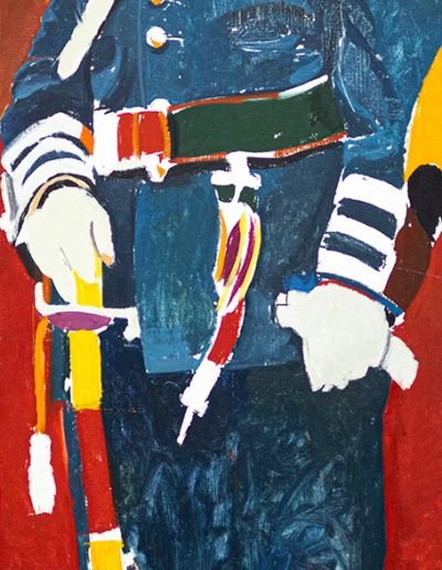 A black man in a napoleonic officer's uniform set on a yellow and red background.