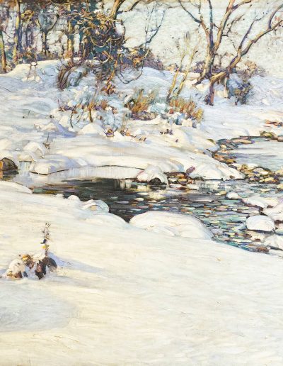 A snowy landscape and a frozen body of water. The trees in the painting are bare of any leaves.
