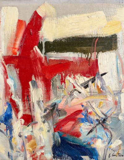 Abstract painting with streaks of red and blue set on a white and gray background.