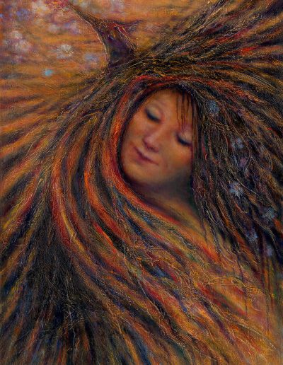 Painting of a woman's face being engulfed in what looks like tree roots or branches. Blue forget-me-not flowers are mixed in with these branch-like features and also appear in the left corner of the canvas. The background is mainly orange, with hints of red, blue, yellow, and green in the branches.