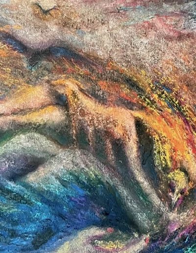 Painting of a slightly abstract dog centered around colorful marks that create movement. A woman's face is on the left side of the canvas with her legs mimicking mountains that the dog is standing on. Her hand reaches outward toward the bottom of the canvas, as if to cradle the image. Black birds fly in the distance above the woman and dog. The painting contains a rainbow of colors and textures.