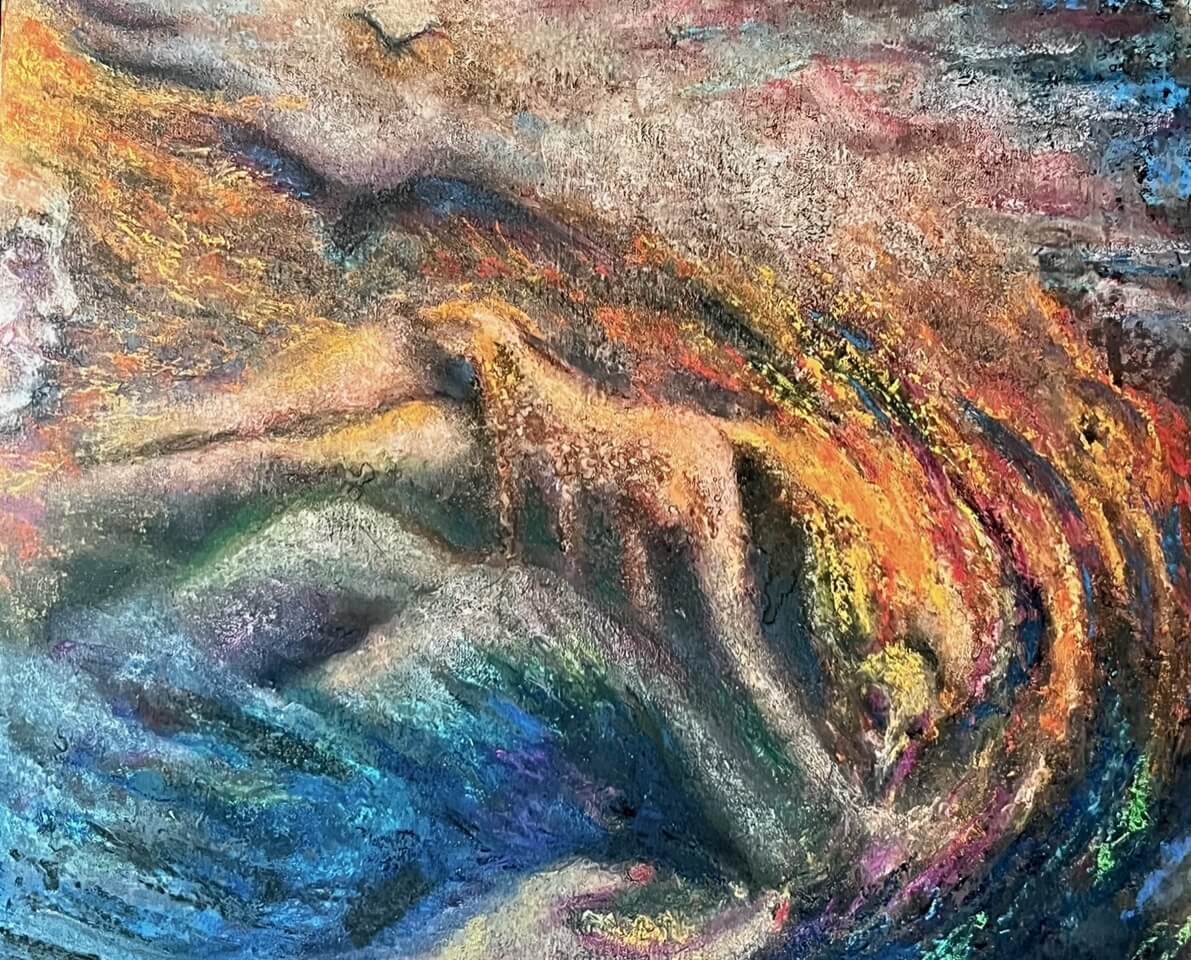 Before and After the War, A Dog's Tale Painting of a slightly abstract dog centered around colorful marks that create movement. A woman's face is on the left side of the canvas with her legs mimicking mountains that the dog is standing on. Her hand reaches outward toward the bottom of the canvas, as if to cradle the image. Black birds fly in the distance above the woman and dog. The painting contains a rainbow of colors and textures.