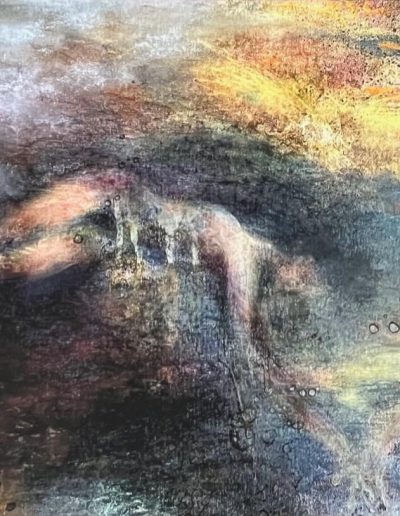 Painting of a nude woman lying on her side with her legs stretched out and her arm reaching down and disappearing into the bottom of the canvas. The figure is surrounded by black shadows. The background is textured. Orange texture frames the right side of the painting with a small area of yellow next to it, almost hovering above the figure. The left side features a white textured area in the top corner almost like waves washing over the figure.