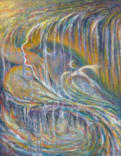 A painting full of colorful lines, swirls, and drips. Central are a pair of yellow-colored eyes that make eye contact with the viewer. The profile of a face protrudes from the central eyes with the mouth parted open. Within the swirls, imagery of geese and wildlife. Colors of yellow, purple, blue, white, orange, red, and green make up the textured patterns and lines.