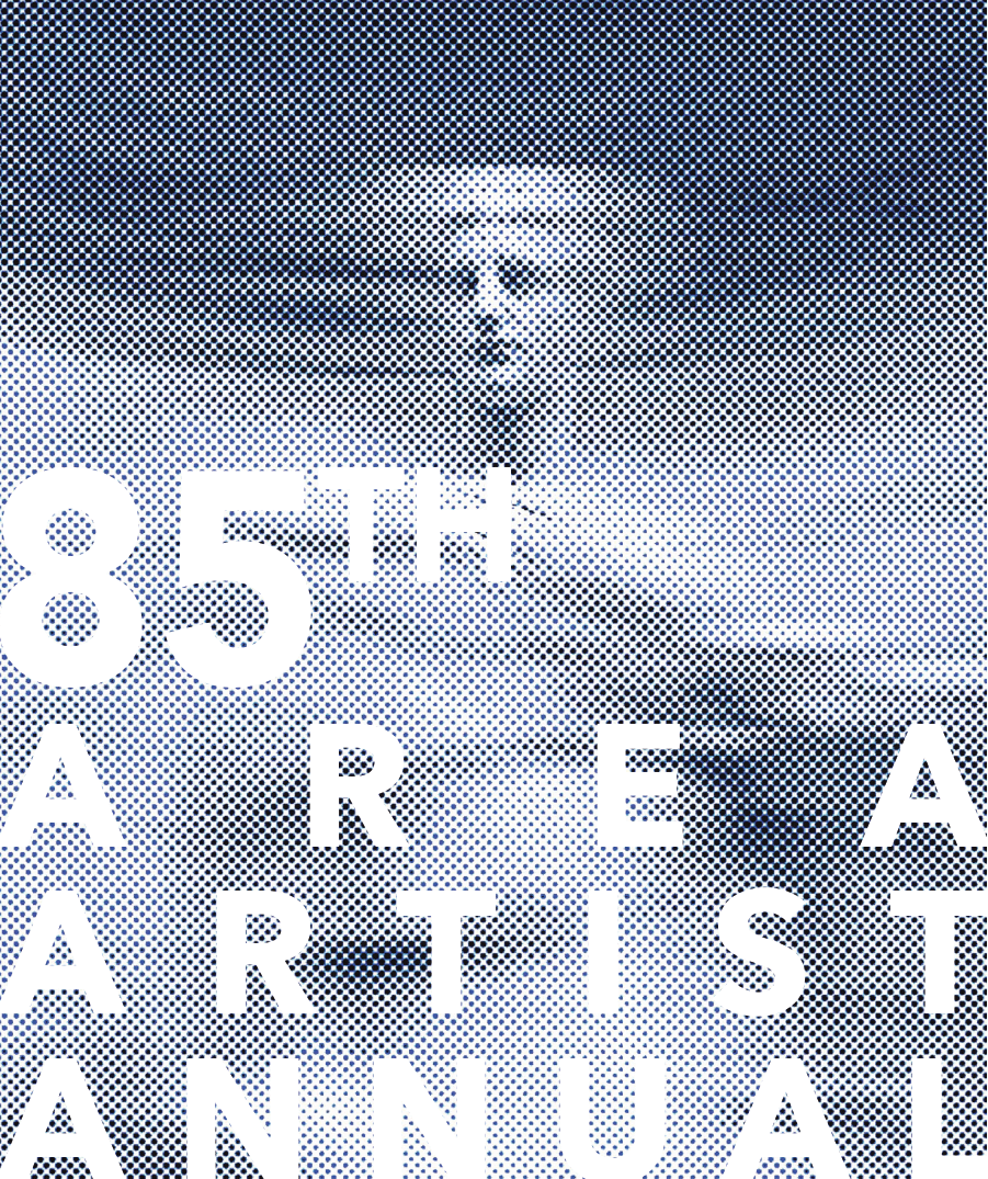 An image formed entirely of navy and white dots displays a vague figure of a statue of a person. The white text in front of it reads "85TH AREA ARTIST ANNUAL."