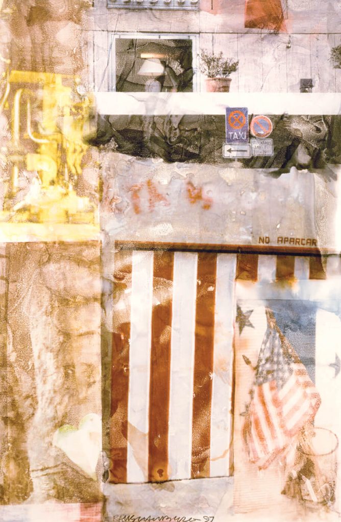 a picture of multiple different pictures far as american flag a picture of a taxi arrow sign and an arrow going to the left also a picture of a plant with green leaves coming out of the plant vase