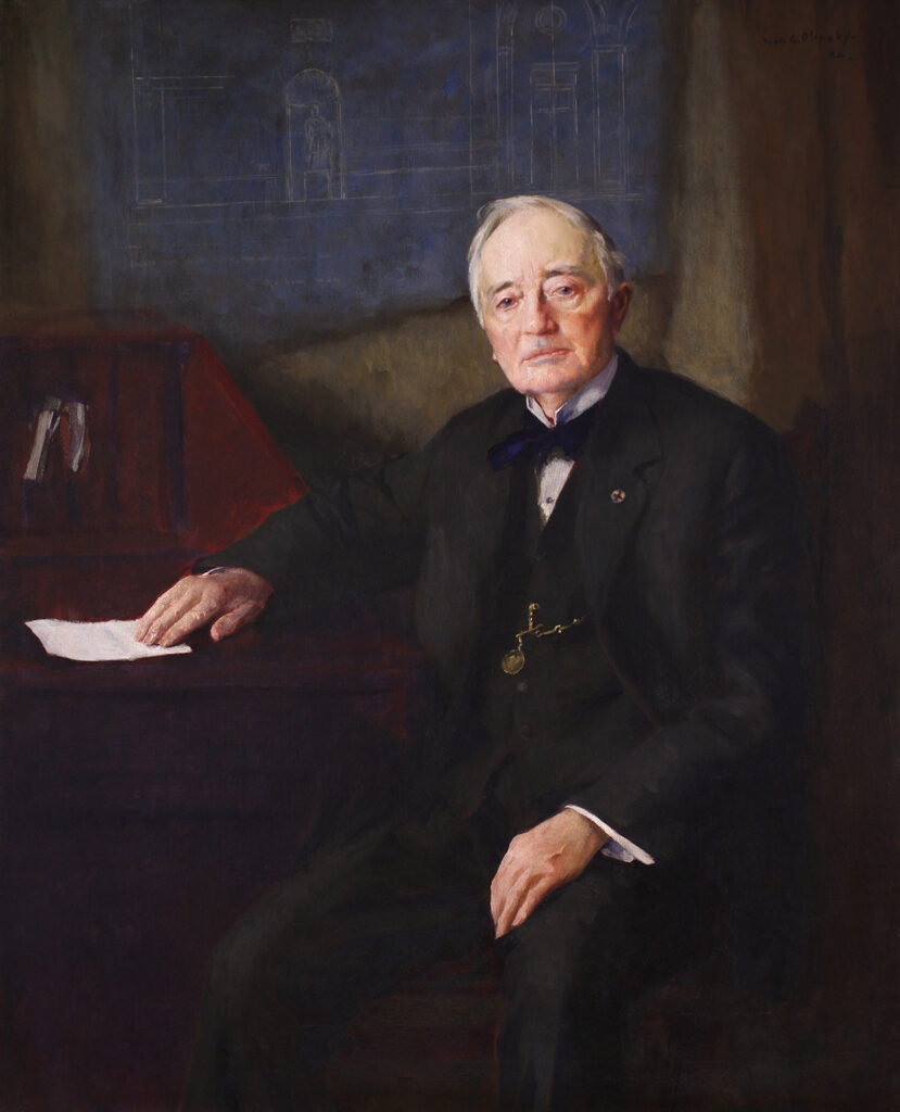 Ivan Gregorovitch Olinsky, Portrait of J.G. Butler, Jr.,” 1920, Oil on canvas mounted on board, Gift of Jonathan Warner 1920. Painting conserved by Mr. and Mrs. James Miller.  Located in the Bacon Hall Gallery, first level.