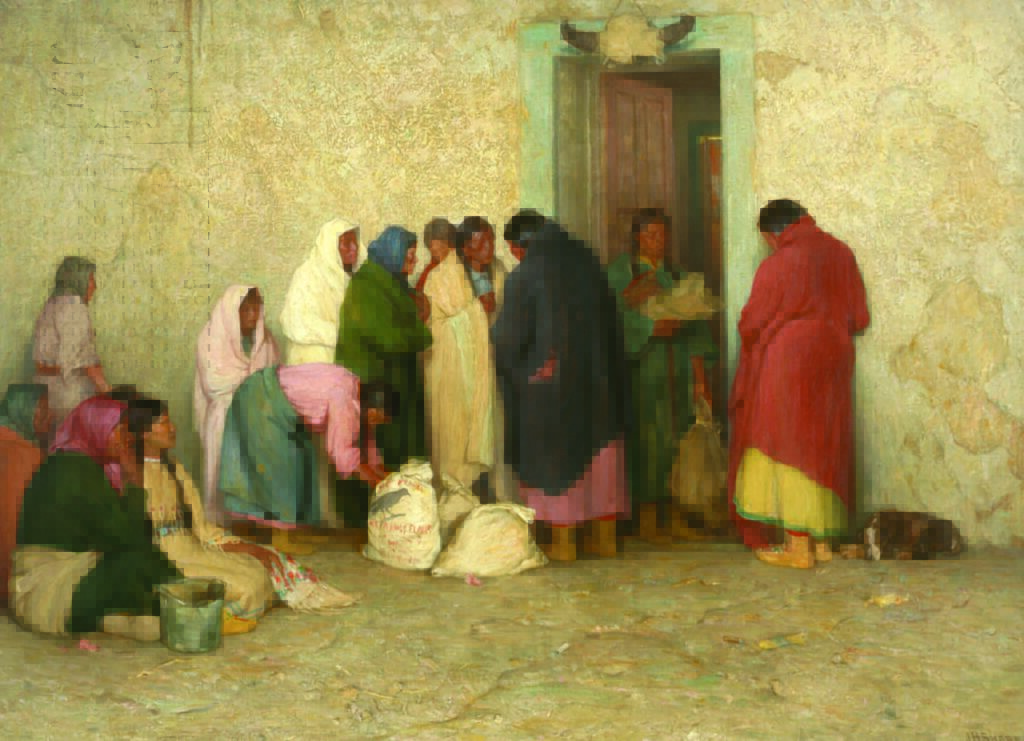 Joseph Henry Sharp, Ration Day at the Reservation, 1919, Oil on canvas, Museum purchase 1921.  Located in the Adler Gallery, second level. 