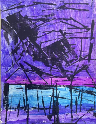 An abstract painting featuring heavy, jagged black brushstrokes layered over a vibrant background of purple, magenta, and blue. The composition is split horizontally, with a dense cluster of sharp lines in the upper purple section and vertical, cage-like marks over a bright blue band at the bottom.