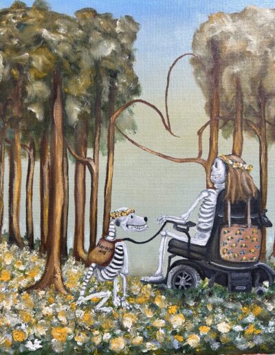 A painting of two skeletons in a forest clearing filled with yellow and white flowers. One skeleton sits in a motorized wheelchair holding a leash attached to a skeleton dog wearing a "therapy dog" vest, while tree branches above them curve to form a heart shape.