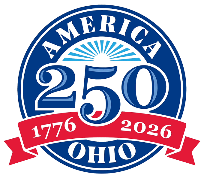 Logo depicting a blue circle with white text that reads "America" at the top and "Ohio" at the bottom, with a blue "250" runs across the center. Underneath the 250 is a red banner that reads "1776" and "2026" in white text